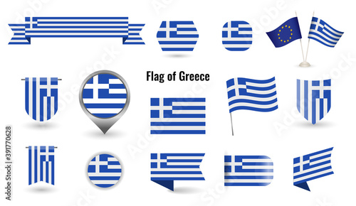 The Flag of Greece. Big set of icons and symbols. Square and round Greek flag. Collection of different flags of horizontal and vertical.