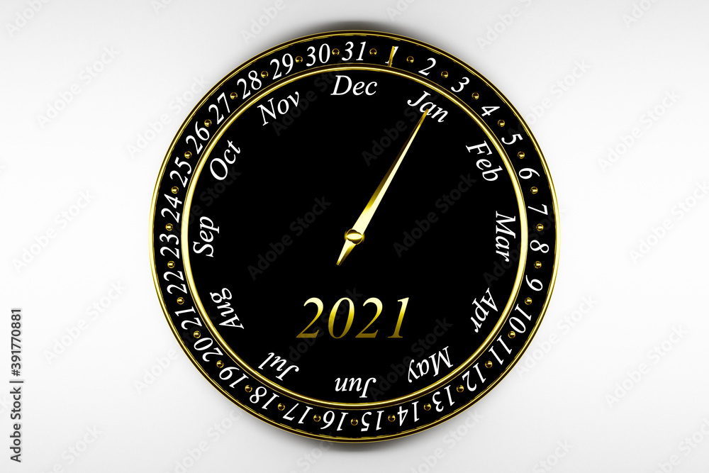3D illustration black round clock calendar with 12 months, 31 days and 2021 year on white background. Round calendar month . 3D illustration black round clock calendar with 12 months, 31 days and 2021 year on white background. Round calendar month .
