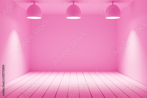 3d illustration of a monochrome  pink  apartment with a wooden floor, plain walls and three identical lamps. Design of the room before furniture arrangement
