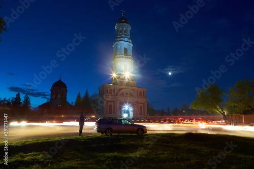 Noul Neamt Orthodox Monastery in Village Chitcani from Moldova. Medieval church and Chapel in the Easter night. photo