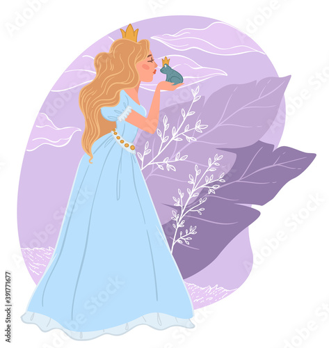Princess kissing frog, fairy tale illustration