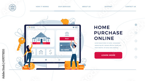 Home purchase online, template for homepage. Couple touching the button on monitor screen, buy a home. Concept of house-buying, property purchase online for website design. Flat vector illustration
