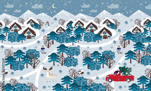 Winter forest Vector New Year Christmas illustration of cute houses, trees,landscape,firs, mountains, nature, car with fir tree and deer. Drawing for postcard, banner or background
