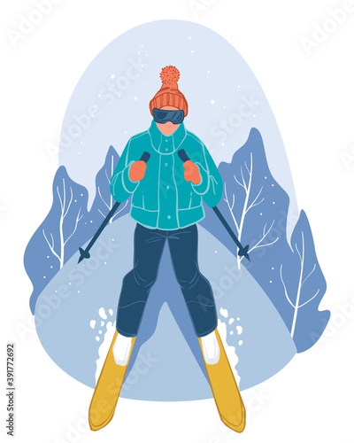 Skier going down slope, winter sports activities