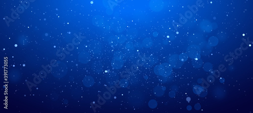 Banner Blue bokeh particles glitter awards dust gradient abstract background. Futuristic glittering in space on blue background.