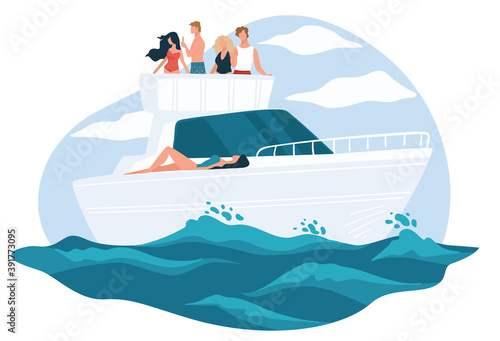 Friends relaxing on yacht, sea or ocean cruise