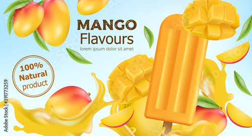 Natural flavoured mango popsicle surrounded by whole and sliced fruit and flowing juice. Place for text. Realistic 3D mockup product placement