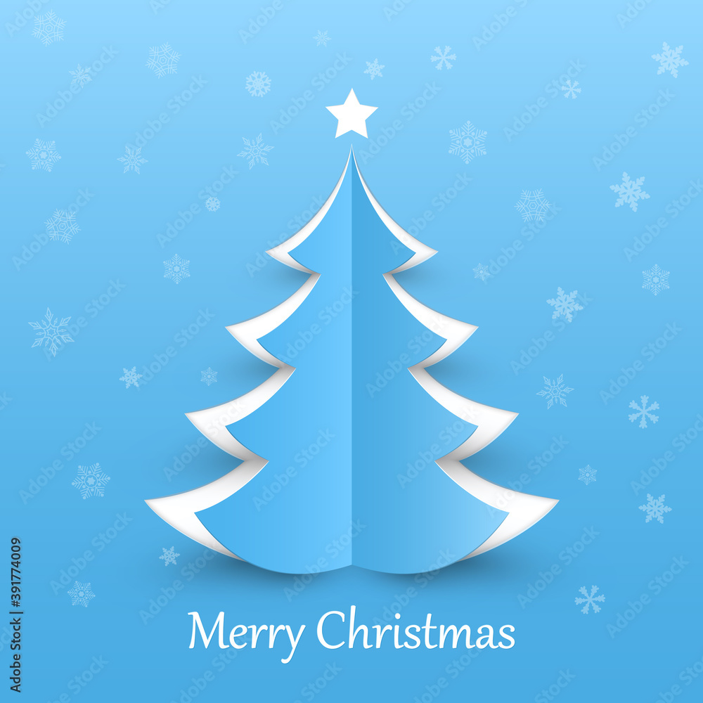 Christmas tree on blue background. Design elements for holiday cards. Vector illustration