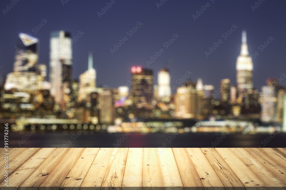 Table top made of wooden dies with beautiful blurry cityscape at twilight on background, mockup Table top made of wooden dies with beautiful blurry cityscape at twilight on background, mockup