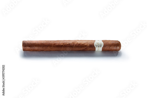 NO LOGOS OR TRADEMARKS! SELF MADE LABELS! close up view of nice robusto Cuban cigar on white back for cut out. 