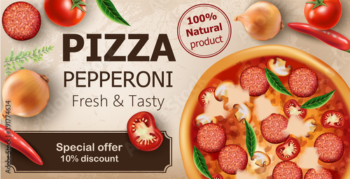 Fresh and tasty pepperoni pizza with tomatoes, chilli peppers, onions, basil and salami surrounding. Special offer 10 discount. Realistic 3D mockup product placement