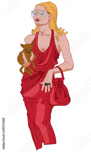 Joyful woman in elegant red dress holding her small dog