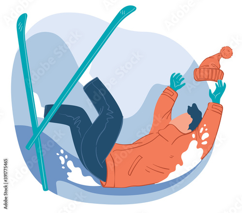 Skier falling down, practicing in skiing sports
