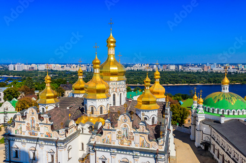 View of Kiev Pechersk Lavra (Kiev Monastery of the Caves) and the Dnieper river in Ukraine. View from Great Lavra Bell Tower