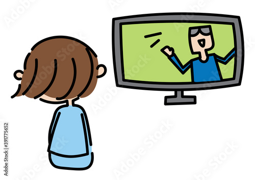 夜更かし　パジャマを着てテレビを見る女の子のイラスト