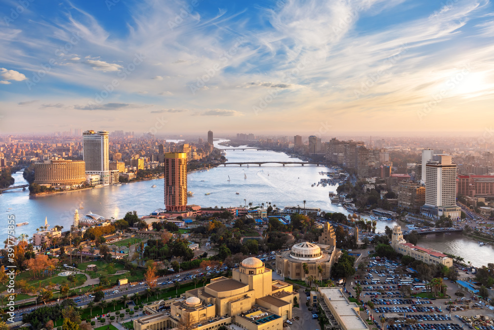 Downtown of Cairo and fabulous Skyscrappers on the Nile, aerial view, Egypt