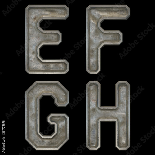 Set of capital letters E, F, G, H made of industrial metal isolated on black background. 3d