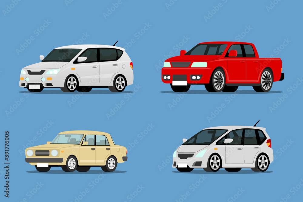 Set of modern & SUV car collection auto front-side view for people who love high speed. Newly-formulated vehicles in the concept of agility. Vector illustration design.