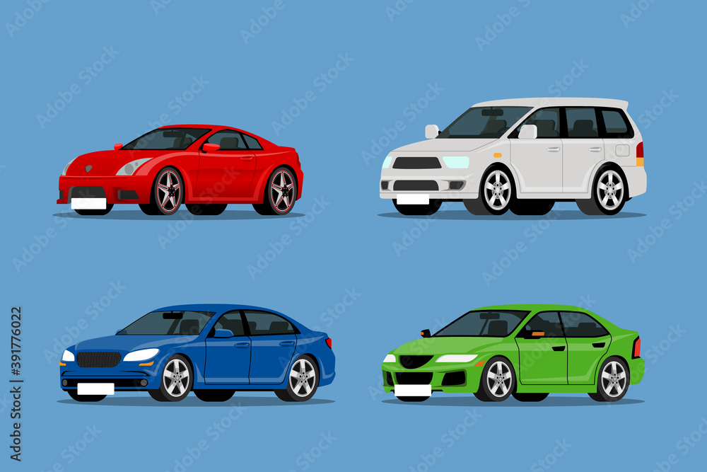 Set of modern & SUV car collection auto front-side view for people who love high speed. Newly-formulated vehicles in the concept of agility. Vector illustration design.