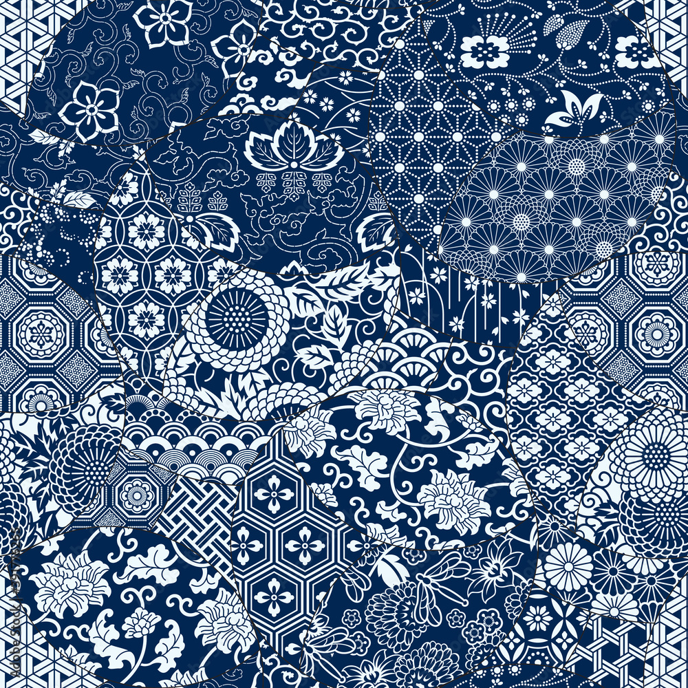 Japanese traditional fabric patchwork wallpaper abstract floral vector  seamless pattern Stock Vector | Adobe Stock
