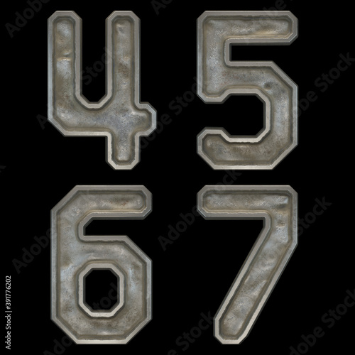 Set of numbers 4, 5, 6, 7 made of industrial metal on black background 3d