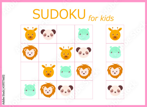 Sudoku for kids. Children's puzzles. Educational game for children. cute animals (monkey, lion, giraffe, panda, hippopotamus, bear)