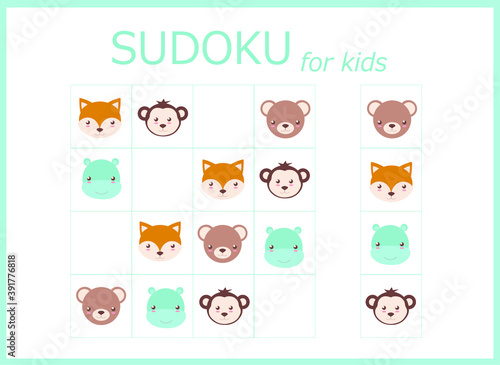 Sudoku for kids. Children's puzzles. Educational game for children. cute animals (monkey, lion, giraffe, panda, hippopotamus, bear)