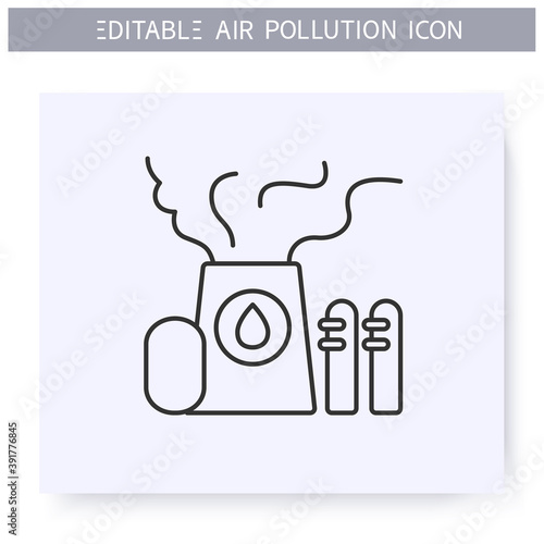 Refinery emissions line icon. Oil refining toxic fumes. Smog, biohazard emissions. Greenhouse effect. Environment pollution and ecology damage concept. Isolated vector illustration. Editable stroke 
