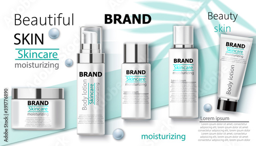 Set of moisturizing body lotion with blue beads and palm leaf in background. Brand skincare. Place for text. Realistic 3D mockup product placement