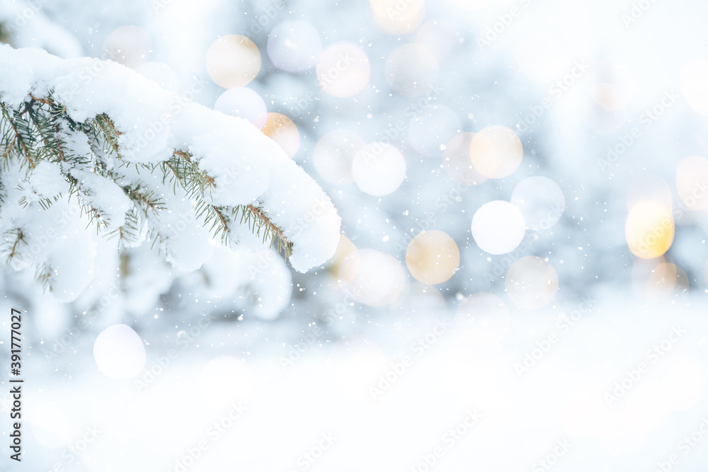 White snow lies on the branches of a Christmas tree. Photo for greeting cards. Christmas mood White snow lies on the branches of a Christmas tree. Photo for greeting cards. Christmas mood
