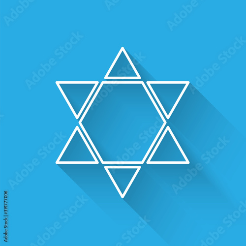 White line Star of David icon isolated with long shadow. Jewish religion symbol. Symbol of Israel. Vector Illustration.