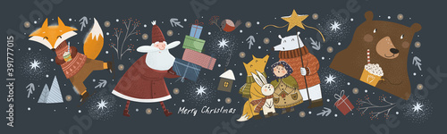 Happy New Year and Merry Christmas! Vector cute illustration of cheerful Santa Claus with gifts in winter, fox on skates. bear with a drink, animals welcoming the holiday. Drawings for greeting card 