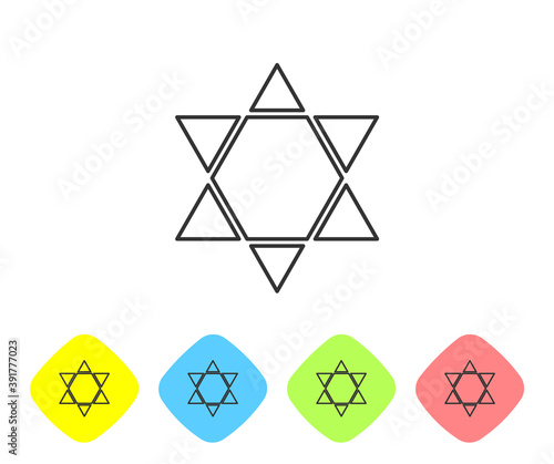 Grey line Star of David icon isolated on white background. Jewish religion symbol. Symbol of Israel. Set icons in color rhombus buttons. Vector Illustration.