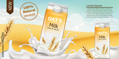 Carton box with fresh and natural oat milk in a field full of grains. Blue cl...