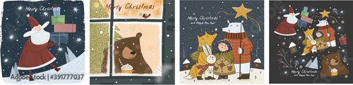 Happy New Year and Merry Christmas! Vector cute illustrations of a cheerful Santa Claus with gifts, a bear outside a winter window, and animals at night on the holiday. Drawings for greeting card and 
