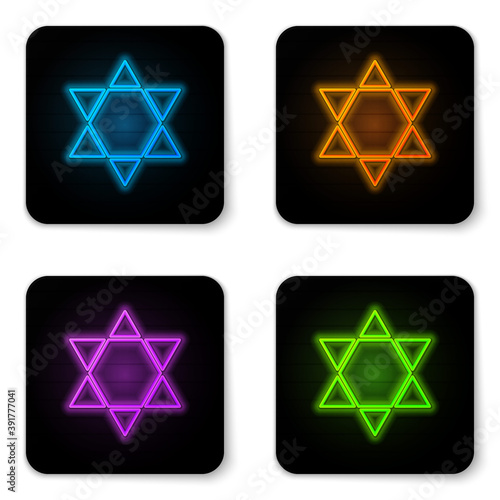 Glowing neon Star of David icon isolated on white background. Jewish religion symbol. Symbol of Israel. Black square button. Vector Illustration.