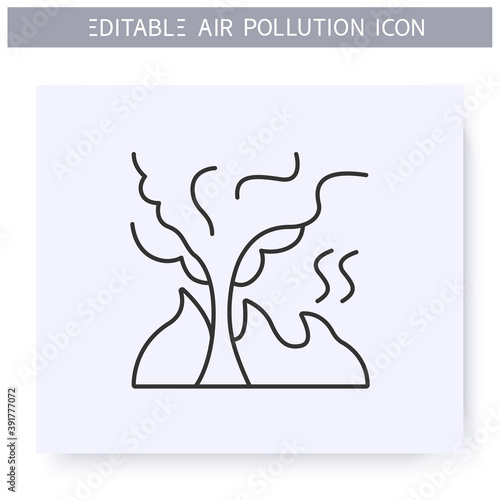 Burning tree line icon.Carbon monoxide and combustion products.Forest fire catastrophe.Smoke cloud.Environmental pollution and environmental damage concept.Isolated vector illustration.Editable stroke