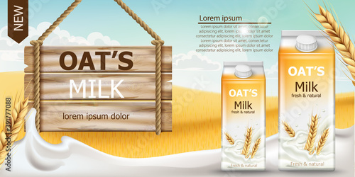 Two carton boxes with fresh and natural oat milk in a field full of grains. B...