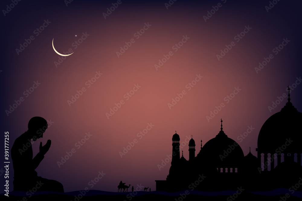 Mosque silhouette,Arab women praying,family and camel walking in desert in dark night during the month of ramadan,Muslim woman praying with Islamic mosque and crescent moon background,Ramadan Kareem