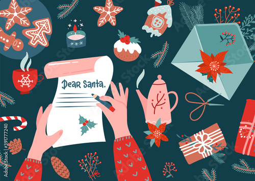 Character hands with pen writing letter to santa claus. Envelope, fur branches, holly, stocking, gifts, gingerbread on taple - top view. Christmas new year eve xmas holidays. Vector flat illustration