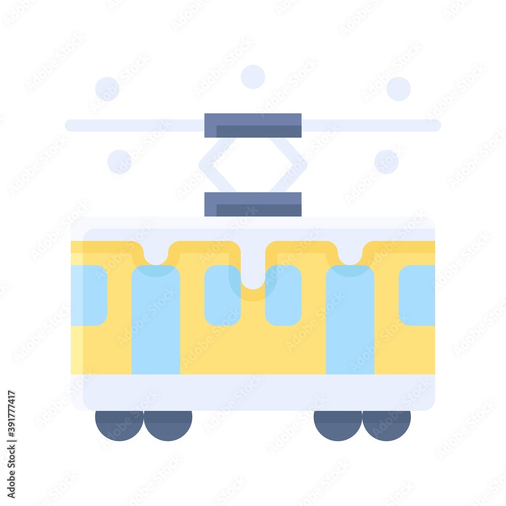 snow town in winter related tram bus with wire and ice vectors in flat style,