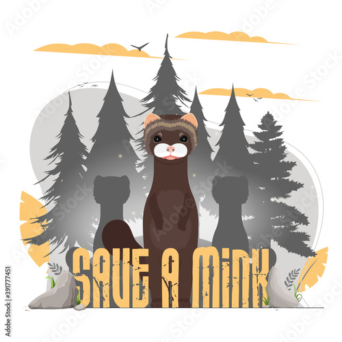 Save the mink banner. Mink, forest silhouette. Animal conservation concept. Vector.