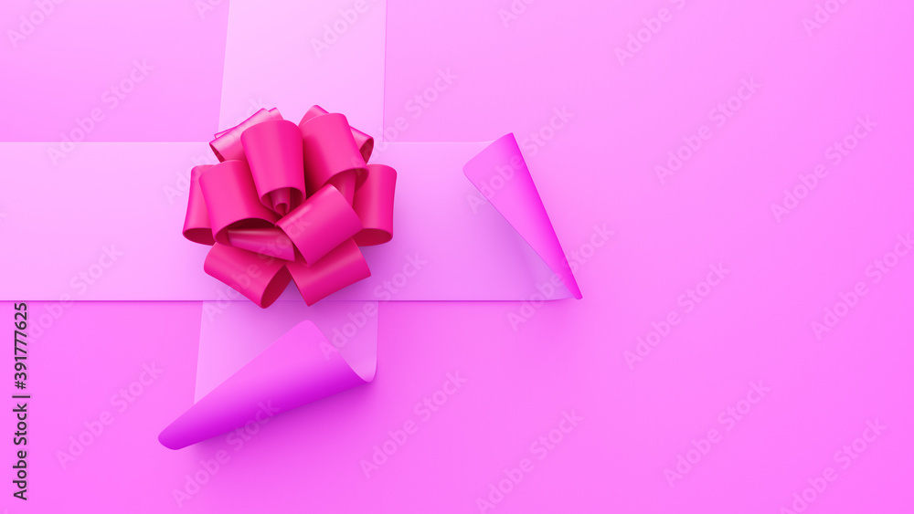 Silk ribbons with soft curl and gift bow on pink background. 3d render. Silk ribbons with soft curl and gift bow on pink background. 3d render.