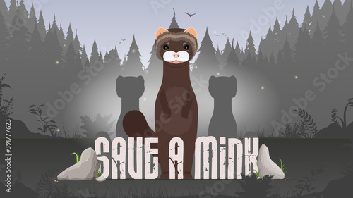 Save the mink banner. Animal conservation concept. Vector.