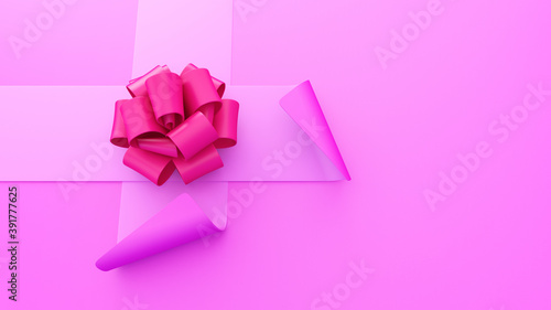 Silk ribbons with soft curl and gift bow on pink background. 3d render.