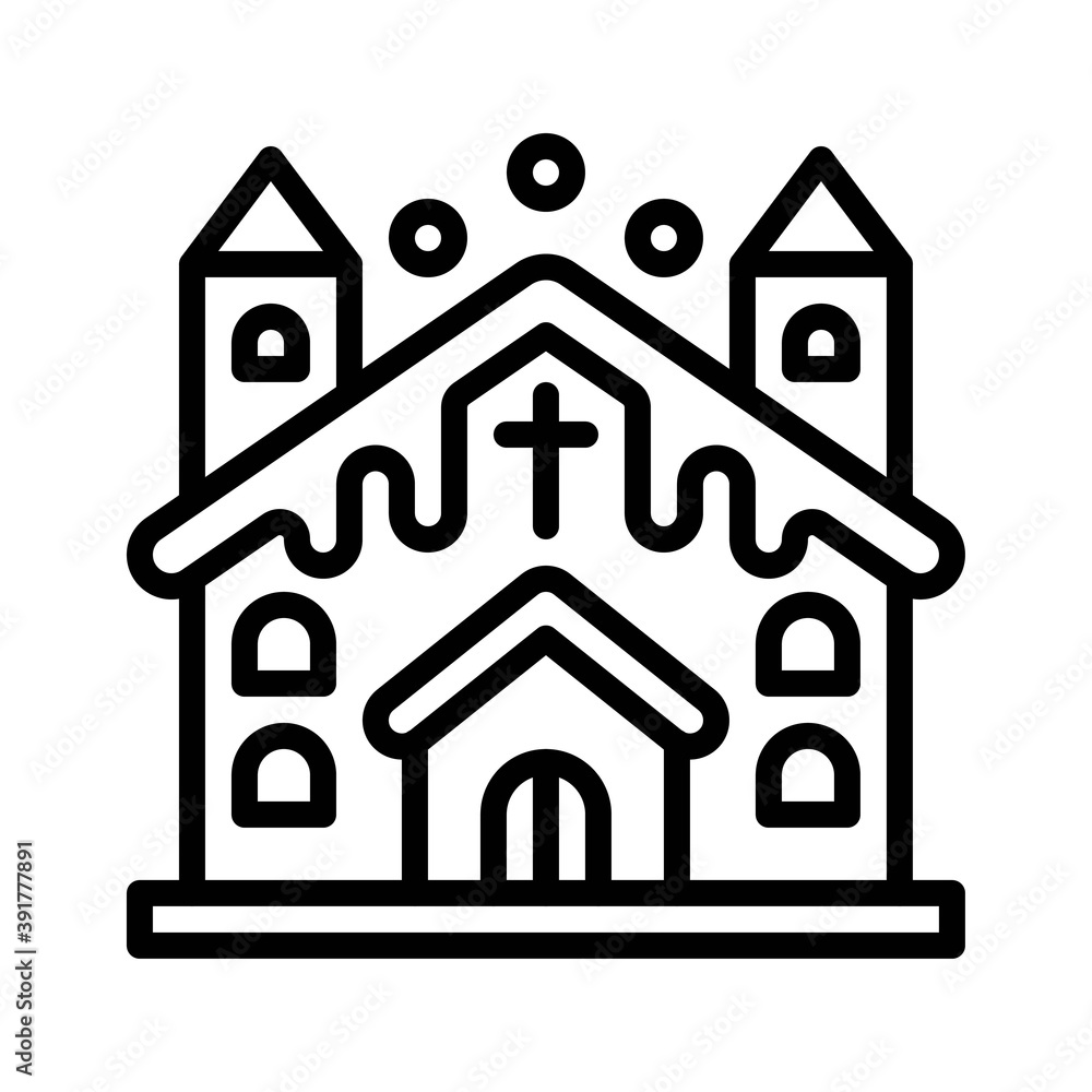 snow town in winter related church buildings with ice and cross sign in lineal style,