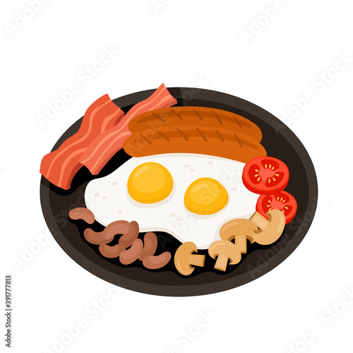 Cartoon english breakfast with sausages, eggs, bacon isolated on white.