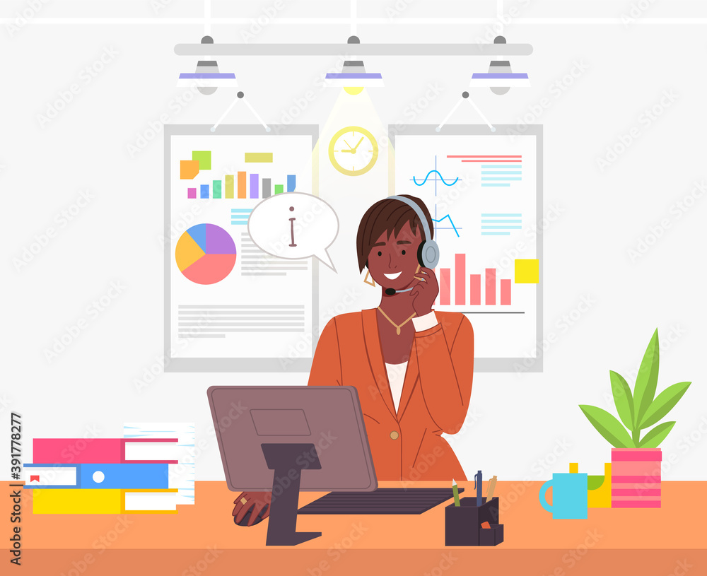 Character female call center hotline. Online support worker, telephone service operator. Dispatcher, workplace of customer support manager at computer desk. Remote service specialist with headphone Character female call center hotline. Online support worker, telephone service operator. Dispatcher, workplace of customer support manager at computer desk. Remote service specialist with headphone