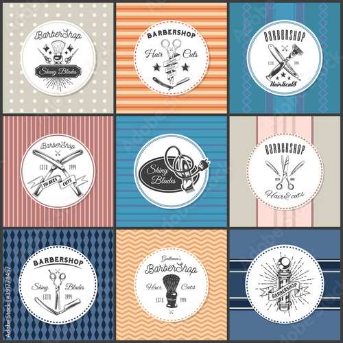 Set of logotype for barbershop in black and white style. Emblems with tools and letterings. Barber shop logo in color frames. Hairdressing salon signboard with equipment icons vintage retro symbol