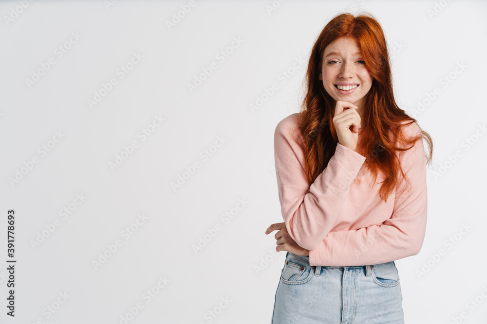 Ginger charming happy girl smiling and looking at camera Ginger charming happy girl smiling and looking at camera